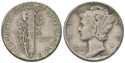 США 10 центов (дайм) 1944 KM 140 серебро 3334-1266