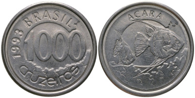 Бразилия 1000 крузейро 1993 KM 626, Schon 134 нержавеющая сталь 4576-314