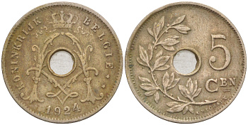 БЕЛЬГИЯ 5 САНТИМОВ 1924 BELGIE KM 67 медно-никель 187-963