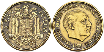 Испания 2,5 песеты 1953 (54) Франциско Франко (1939-1975) KM 785 алюминиевая бронза 4583-933