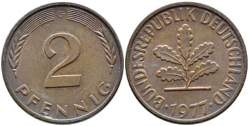 ФРГ 2 пфеннига 1977 G KM 106a, J.381a сталь плакированная медью 4392-444