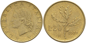 ИТАЛИЯ 20 ЛИР 1978 R, ДУБОВЫЕ ЛИСТЬЯ KM 97.2 алюминиевая бронза 4551-312