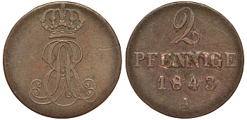 Ганновер 2 пфеннига 1843 A, Эрнст Август (1837-1851) KM 174.1, AKS 122, J. 55 медь 75-1747