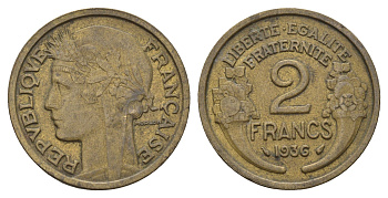 Франция 2 франка 1936 KM 886, Le Franc 268.9 алюминиевая бронза 4121-323