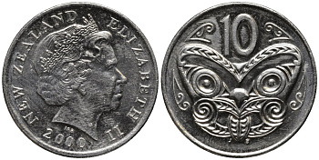 Новая Зеландия 10 центов 2000 Елизавета II (1952-2022), маска маори KM 117 медно-никель 4579-956