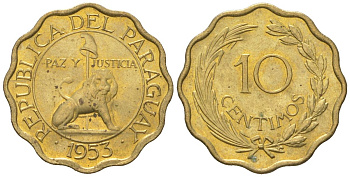 Парагвай 10 сентимо 1953 лев, фригийский колпак на шесте KM 25 никель латунь aUNC 4585-739