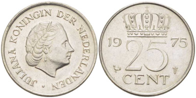 Нидерланды 25 центов 1975 Юлиана (1949-1980) KM 183 никель 214-969