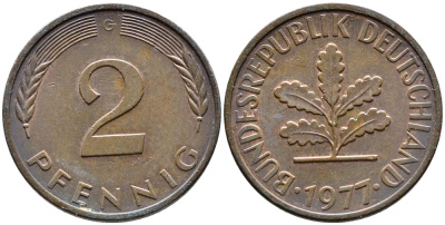ФРГ 2 пфеннига 1977 G KM 106a, J.381a сталь плакированная медью 4392-444