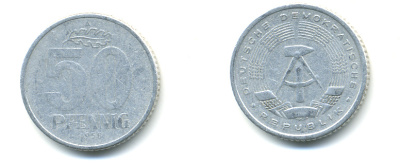 ГДР 50 ПФЕННИГОВ 1958 А ГОД ТИП KM 12.1 алюминий 176-341