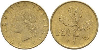 ИТАЛИЯ 20 ЛИР 1978 R, ДУБОВЫЕ ЛИСТЬЯ KM 97.2 алюминиевая бронза 4551-312