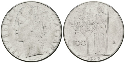 Италия 100 лир 1979 R, Афина в доспехах KM 96.1 нержавеющая сталь 81-612