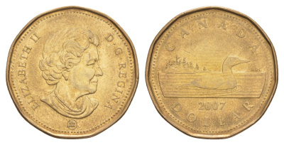 Канада 1 доллар 2007 Елизавета II (1952-2022), утка KM 495 никель плакированный позолоченной бронзой aUNC 4631-817