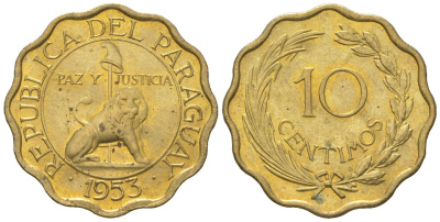 Парагвай 10 сентимо 1953 лев, фригийский колпак на шесте KM 25 никель латунь aUNC 4585-739