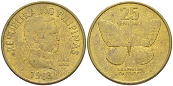 ФИЛИППИНЫ 25 СЕНТИМО 1983 БАБОЧКА, ХУАН ЛУНА KM 241.1 латунь 4551-1145