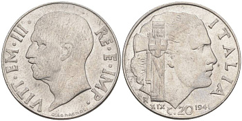 ИТАЛИЯ 20 ЧЕНТЕЗИМО 1941 R, ГОД XIX, ВИКТОР ЭММАНУИЛ III (1900-1946) KM 75b, VEM3. 1028 нержавеющая сталь 3853-553