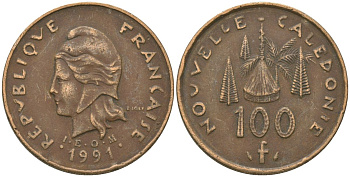 Французская Новая Каледония 100 франков 1991 хижина среди сосен и пальм, (IEOM) KM 15, Schoen 16, Lec 136 никель бронза 88-615