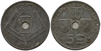 Бельгия 5 сантимов 1941 Belgique - Belgie KM 123 цинк 4602-145