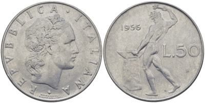 Италия 50 лир 1956 R, бог огня Вулкан у наковальни KM 95.1 нержавеющая сталь 28-131