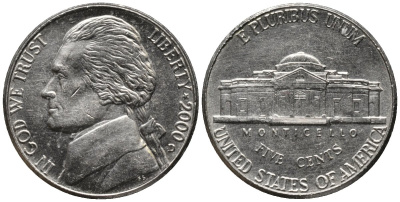 США 5 центов 2000 D, Джефферсон KM А192 медно-никель UNC 4577-1213