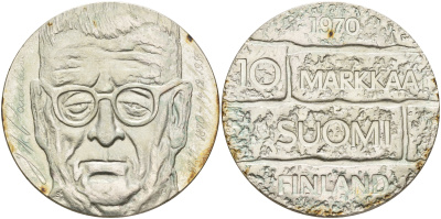 Финляндия 10 марок 1970 S-H, день рождения президента Юхо Паасикиви KM 51 серебро 4558-321