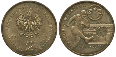 Польша 2 злотых 2011 серия польские футбольные клубы, Полония (Варшава) KM 799 латунь 111-521