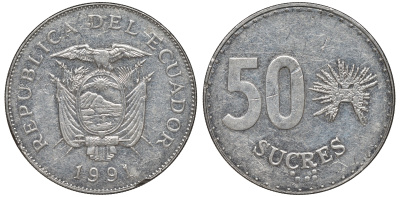 Эквадор 50 сукре 1991 KM 93 сталь плакированная никелем 4607-313
