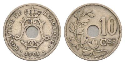 Бельгия 10 сантимов 1901 Belgique, Леопольд I (1865-1909) KM 48 медно-никель 4615-941