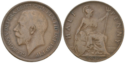 Великобритания 1/2 пенни 1920 Георг V (1910-1936) KM 809, Spink 4056 бронза 4616-736