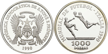 Сан-Томе и Принсипи 1000 добра 1990 чемпионат мира по футболу в Германии, вратарь KM 44 серебро PROOF 00-00