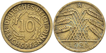 ГЕРМАНИЯ 10 РЕЙХСПФЕННИГОВ 1925 A KM 40, J. 317 алюминиевая бронза 4401-423