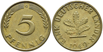ФРГ 5 ПФЕННИГОВ 1949 G KM 102, J. 377 сталь плакированная латунью 4392-1019