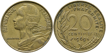 ФРАНЦИЯ 20 САНТИМОВ 1969 KM 930 медь алюминий никель 98-331