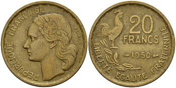 Франция 20 франков 1950 B, Петух KM 917.1 алюминиевая бронза 4159-931