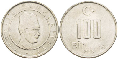 Турция 100000 лир 2002 Мустафа Кемаль Ататюрк KM 1106 медь никель цинк 217-915