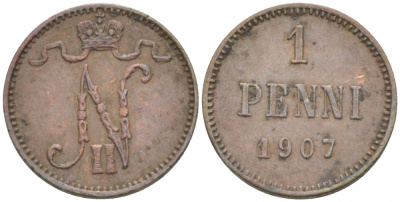 РОССИЯ ДЛЯ ФИНЛЯНДИИ 1 ПЕННИ 1907 НИКОЛАЙ II KM 13, Биткин 468 медь 4396-1329