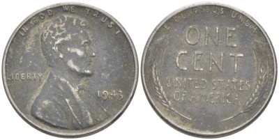 США 1 цент 1943 Авраам Линкольн KM 132а сталь плакированная цинком 211-637
