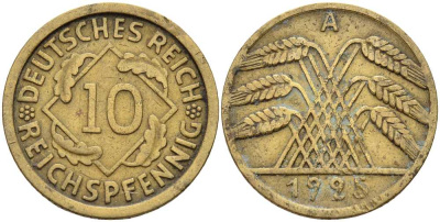 ГЕРМАНИЯ 10 РЕЙХСПФЕННИГОВ 1925 A KM 40, J. 317 алюминиевая бронза 4401-423