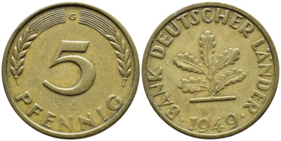 ФРГ 5 ПФЕННИГОВ 1949 G KM 102, J. 377 сталь плакированная латунью 4392-1019