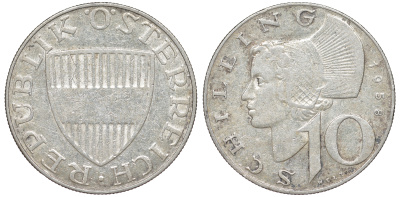 Австрия 10 шиллингов 1958 KM 2882 серебро 4178-1142