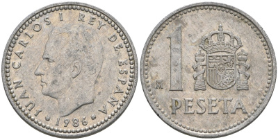Испания 1 песета 1986 M, Хуан Карлос I (1975-2014) KM 8211 алюминий 4402-515