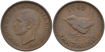 Великобритания 1 фартинг 1948 Георг VI (1936-1952) KM 843, Spink 4116 бронза 4596-968
