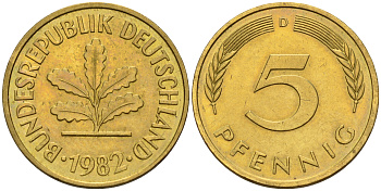 ФРГ 5 пфеннигов 1982 D KM 107 сталь плакированная латунью  UNC  4160-1158