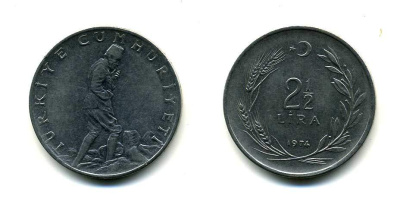 ТУРЦИЯ 2 1/2 ЛИРЫ 1974 KM 893.2 сталь 179-246