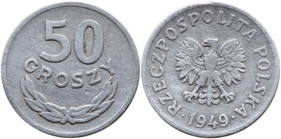 Польша 50 грошей 1949 KM 44а, Parchimowicz 209b алюминий 3459-123