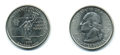 США 25 центов = квотер 1999 Р, серия штаты США, Пенсильвания KM 294 медь плакированная медно-никелем 4388-816