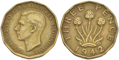 Великобритания 3 пенса 1942 Георг VI (1936-1952) KM 849, Spink 4112 никель латунь 4561-556