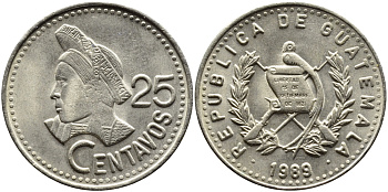 Гватемала 25 сентаво 1989 большая голова, Республика Гватемала KM 278.5 медно-никель UNC 4389-421
