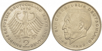 ФРГ 2 МАРКИ 1976 J, КОНРАД АДЕНАУЭР KM 124, J. 406 медно-никель плакированный никелем плакированный никелем 3996-915