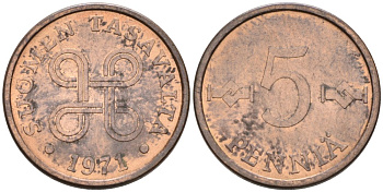 Финляндия 5 пенни 1971 KM 45 медь 4564-867