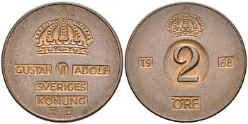 Швеция 2 эре 1968 U, Густав VI Адольф (1950-1973) KM 821 бронза 4364-1231